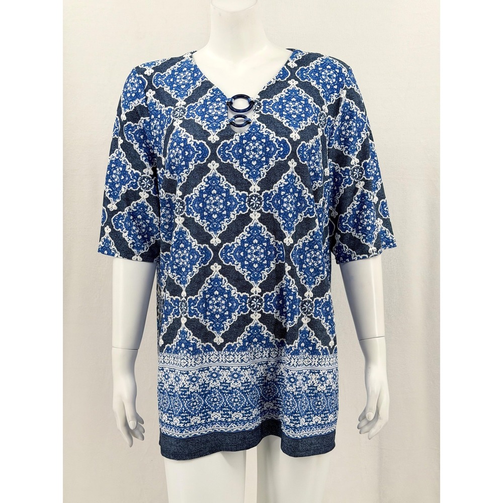 Tacera Top Womens 2X Blue White Boho Ring Neck‎ Stretch Mature Office Textured